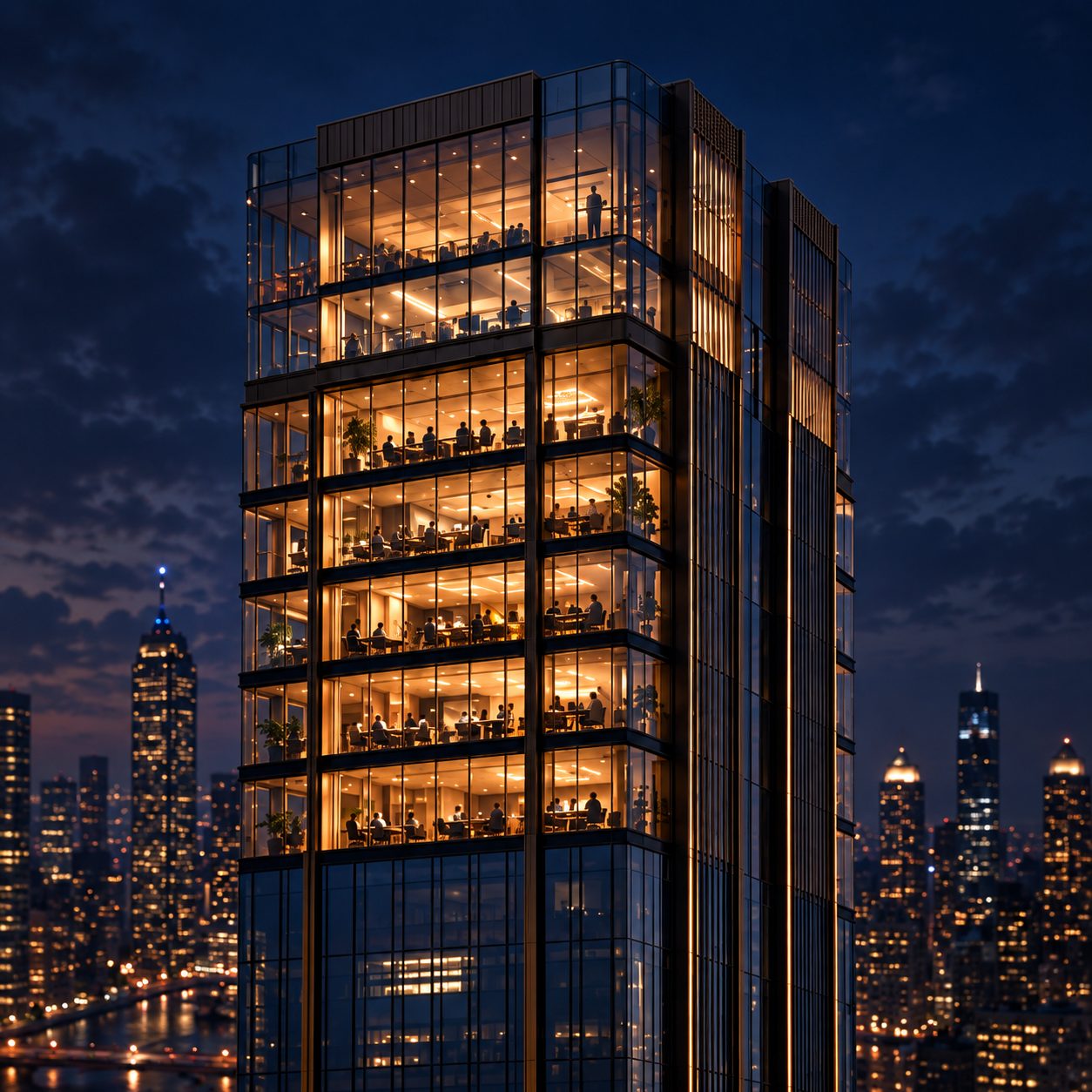 A glass office tower at night, its floors lit warm gold, with a city skyline behind it.